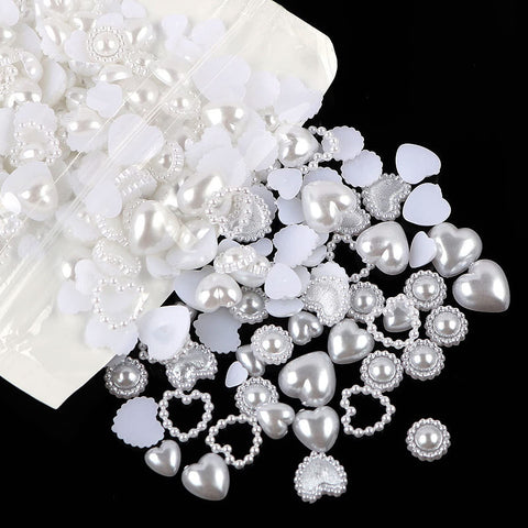 500 Pcs White Pearls Heart Nail Charms Mixed Styles Flatback Heart Cute Assorted Pearls Heart Beads 3D Nail Art Charms Crafts Embellishments for Nail Art DIY Crafts Accessories Scrapbook