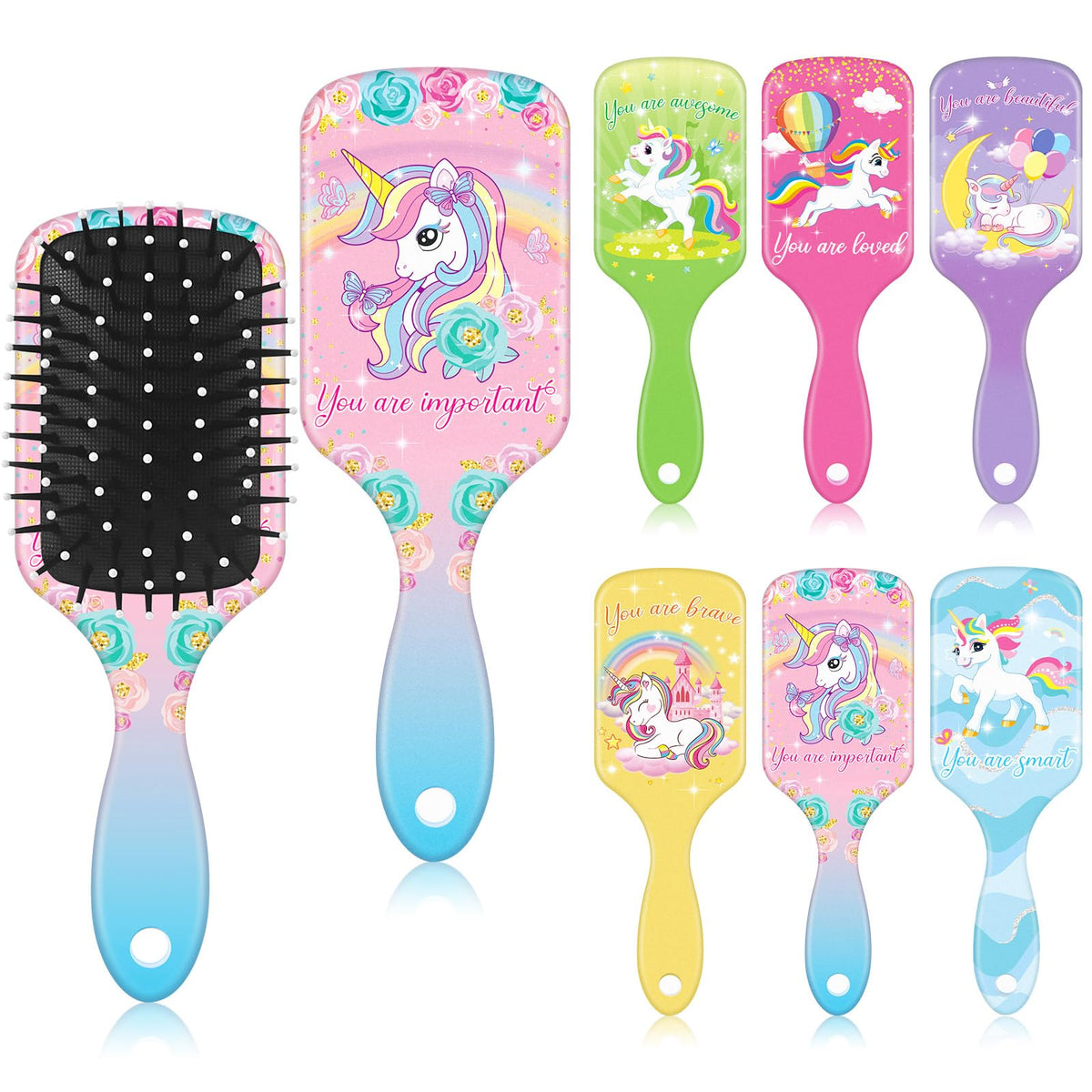 Willinglong 6 Sets Unicorn Rainbow Inspirational Detangler Hair Brushes Princess Motivational Mini Wet Hair Brush Travel Detangling Brush Combs Unicorn Birthday Party Favors Goody Bag Gifts for Girls