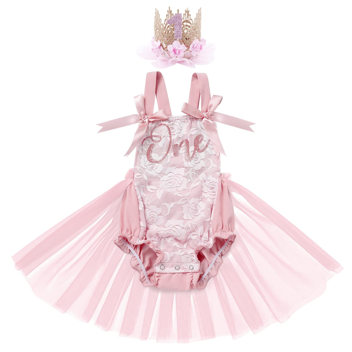 Infant Newborn Baby Girl Romper Dress First Birthday Dress Cake Smash Outfits Toddler One Year Bubble Romper Onesie 1st Birthday Photo Shoot Easter Baptism Tulle Dress Dusty Pink (2PCS) 9-12 Months