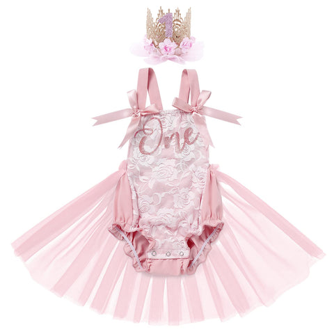 Infant Newborn Baby Girl Romper Dress First Birthday Dress Cake Smash Outfits Toddler One Year Bubble Romper Onesie 1st Birthday Photo Shoot Easter Baptism Tulle Dress Dusty Pink (2PCS) 9-12 Months
