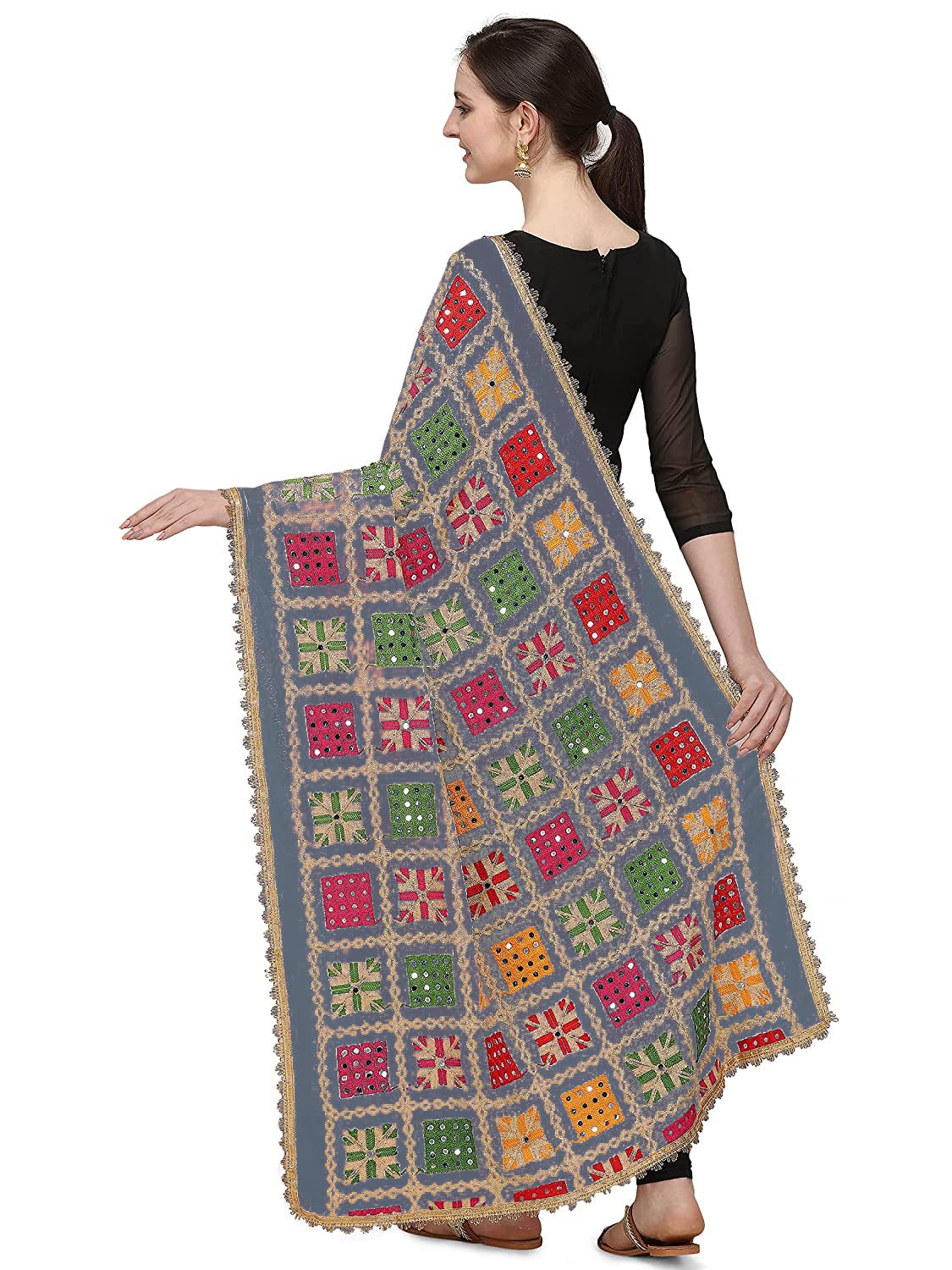 themilestocks TMS Woman's Embroidered Chiffon Dupatta Scarf Shawl Wrap Soft Indian Bridal Wedding Phulkari Stole (Grey)