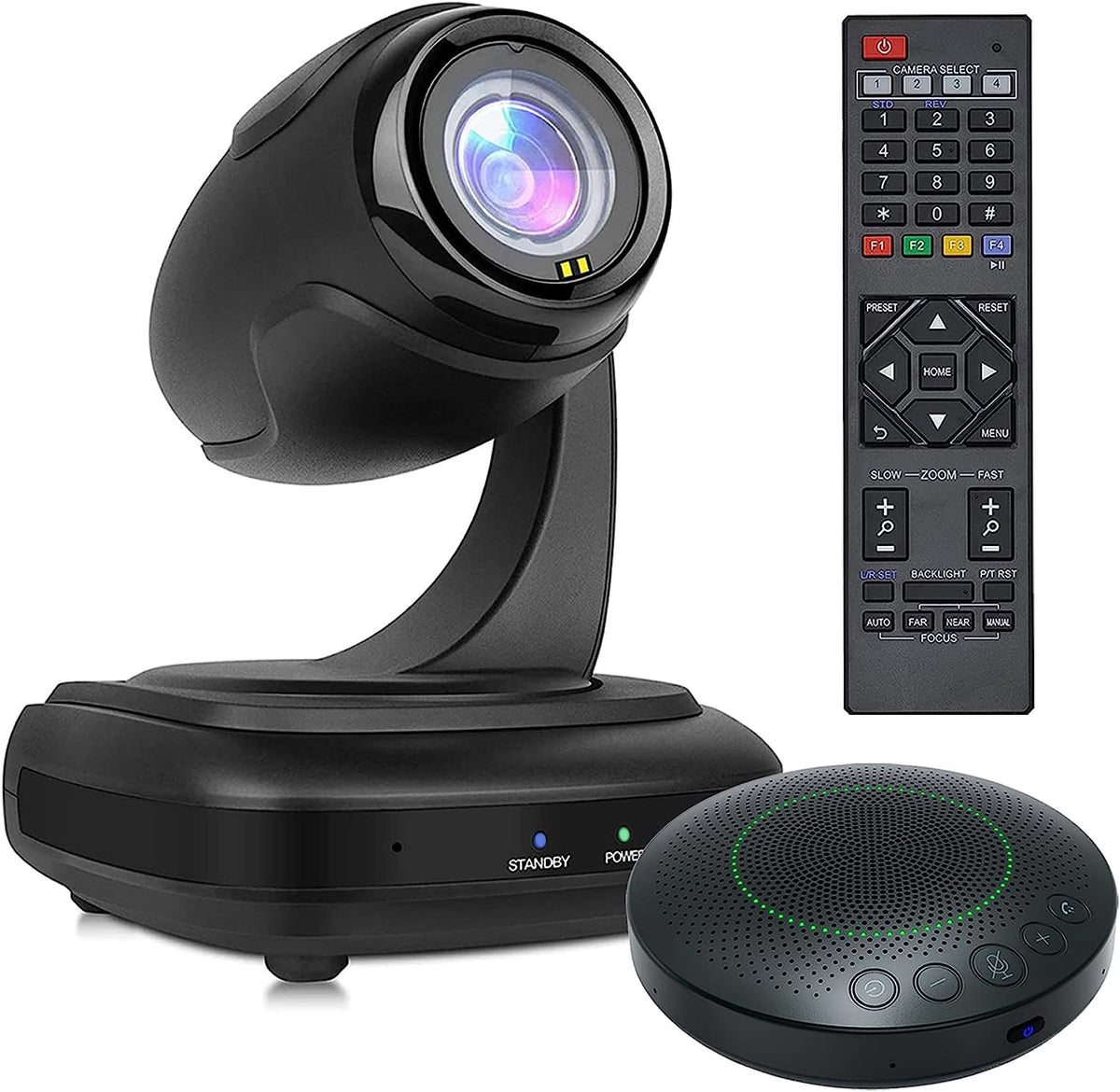 UcooQQ Conference Room Camera System, Wide-Angle 1080P PTZ Webcam with Wireless Bluetooth Speakerphone, 3X Optical Zoom, AI Tracking, Remote Control, for Conferencing Worship Church Education Medical