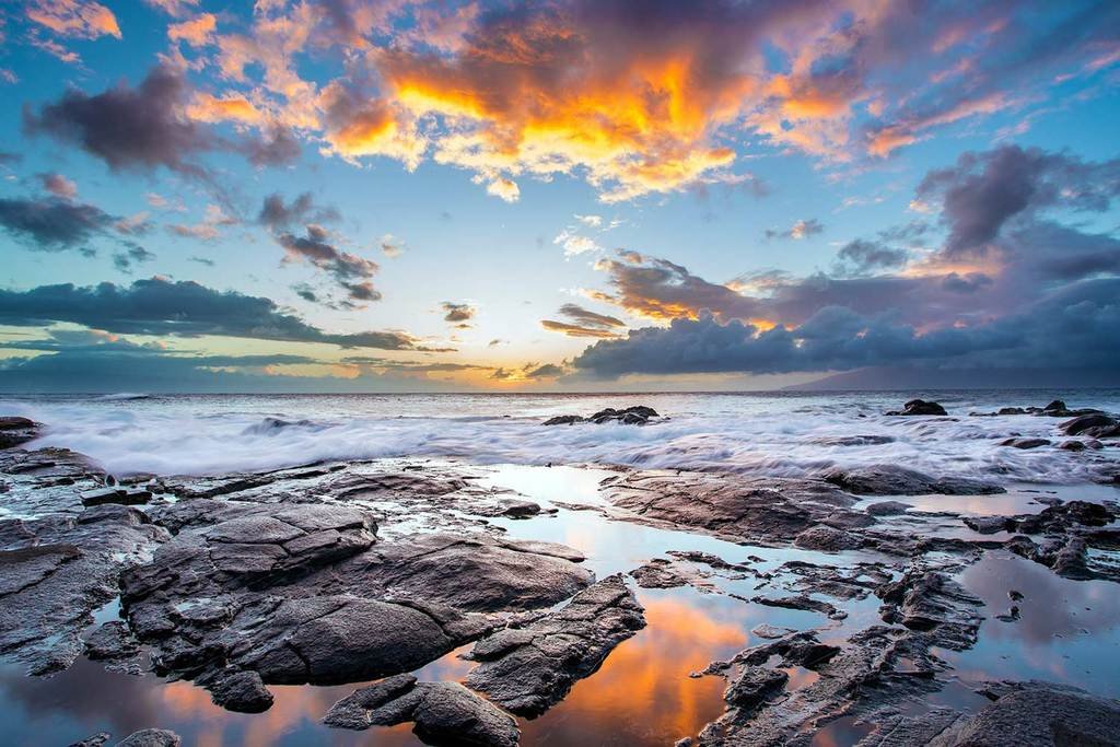 PigBangbang,Stained Art Jigsaw Puzzle Kids Adult Literate Jigsaw Puzzle 1000 Piece 29.5 X 19.7'' Basswood Mural Home Decoration-Sunset Cloudss Coast Waves Hawaii