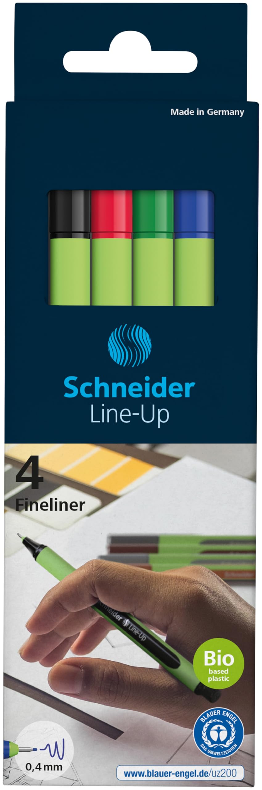 Schneider Line-Up Fineliner, 0.4 mm Fiber Tip, Light Green Barrel, Assorted Ink Colors, Pack of 4 Pens (191094)