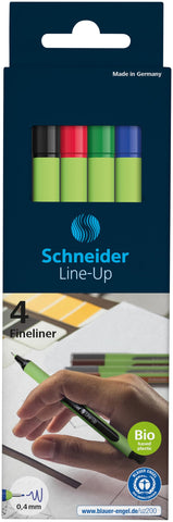 Schneider Line-Up Fineliner, 0.4 mm Fiber Tip, Light Green Barrel, Assorted Ink Colors, Pack of 4 Pens (191094)