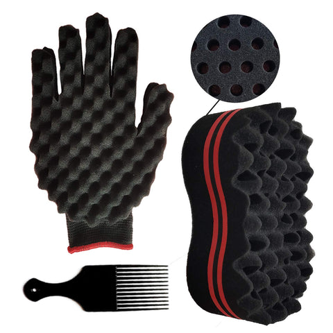 2PCS Hair Curl Sponge Set with Twist Comb and Double-Sided Brush for Afro Coils, Dreadlocks, Curls, and Black Men's Hair (Right Glove Included)
