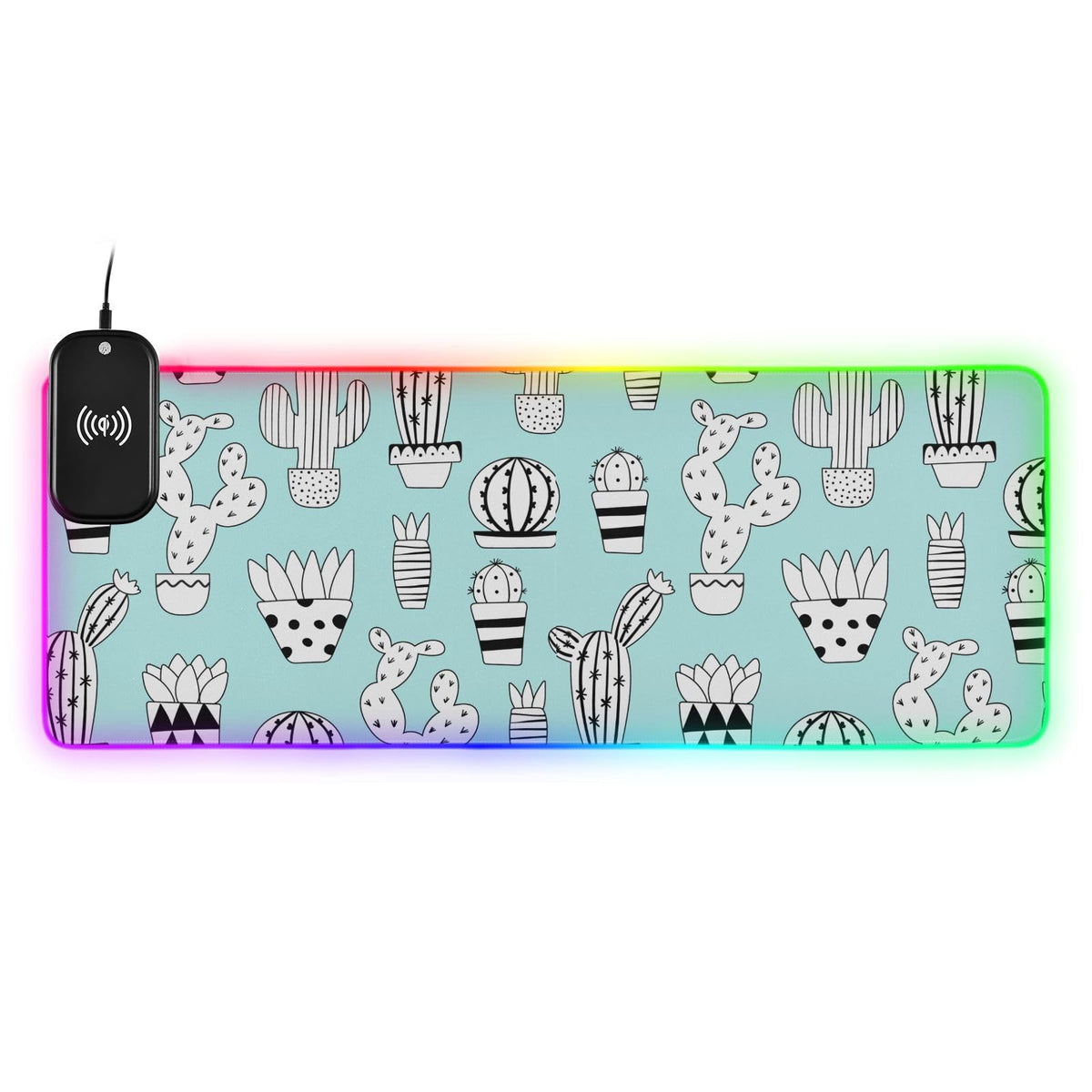 Cute Cactus Wireless Charging Mouse Pad for Mobile Phone Extra Large Gaming Mousepad with 13 Lighting Modes Extended Desk Mat for MacBook PC Laptop Desk Office Home Gaming