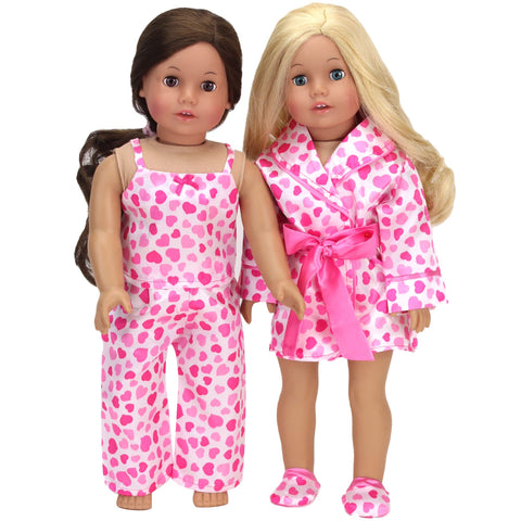 Sophia's 18" Doll 3 pc. Satin Heart Print Pajama Tank Top, Bottoms, Robe and Slippers