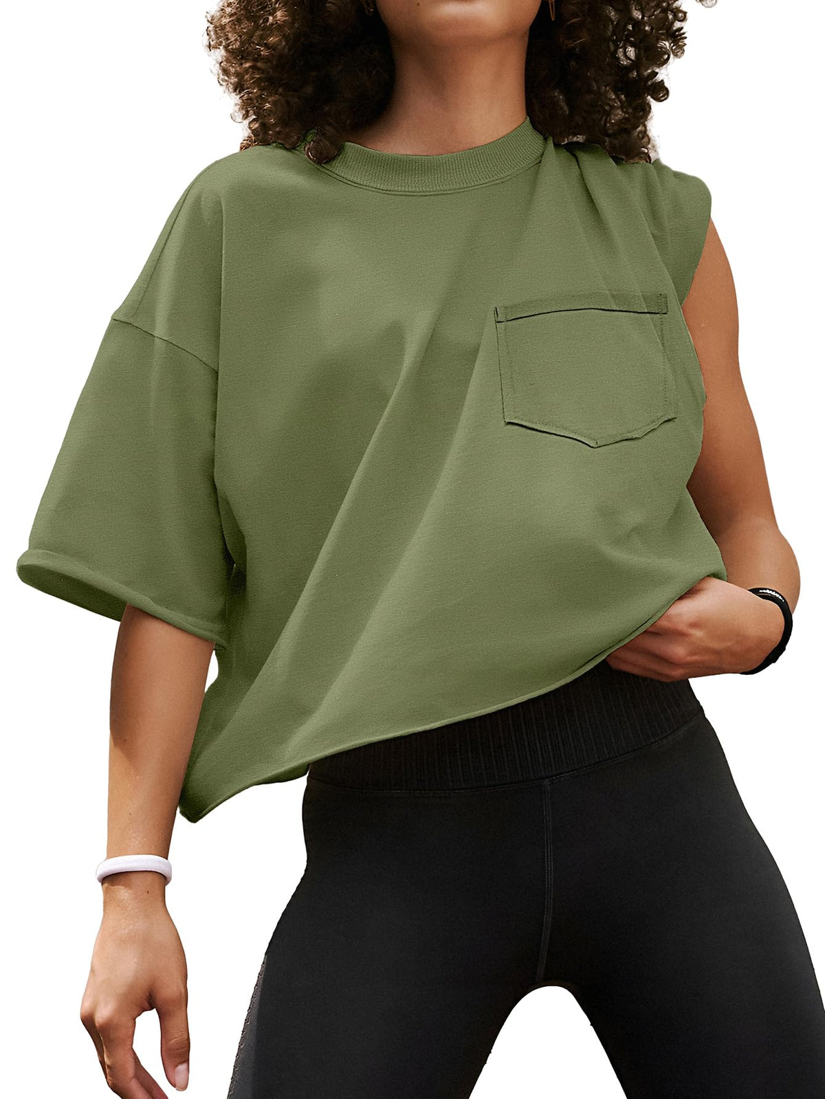 ATHMILE Summer Oversized Tees for Women Short Sleeve Workout Crop Tops Casual Drop Shoulder Boxy Roll Hem Basic Loose Fit ArmyGreen