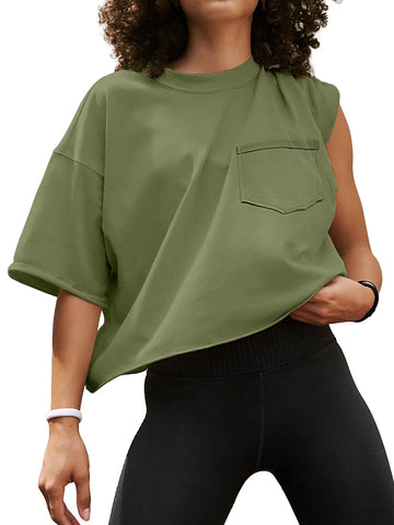 ATHMILE Summer Oversized Tees for Women Short Sleeve Workout Crop Tops Casual Drop Shoulder Boxy Roll Hem Basic Loose Fit ArmyGreen