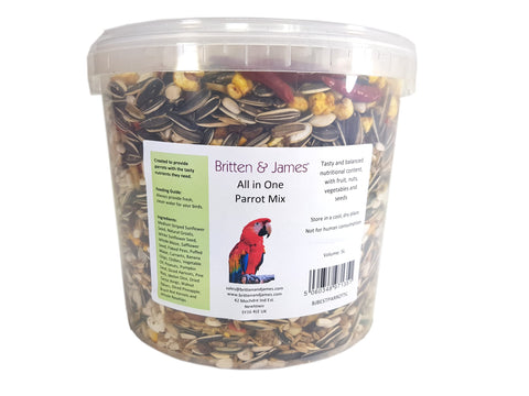 Best All In One Parrot Mix from Britten & James. 5 litre stay fresh tub. This superb mix has been created with no expense spared to be the very best balanced all in one food for your parrot