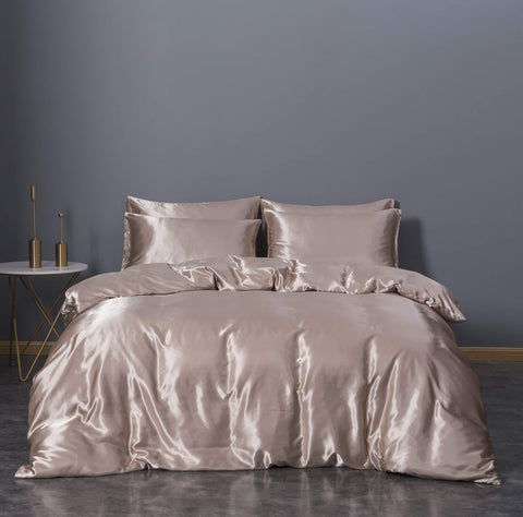 BEDCOLOR Silk Soft Satin Duvet Cover Set (Light Brown, King)
