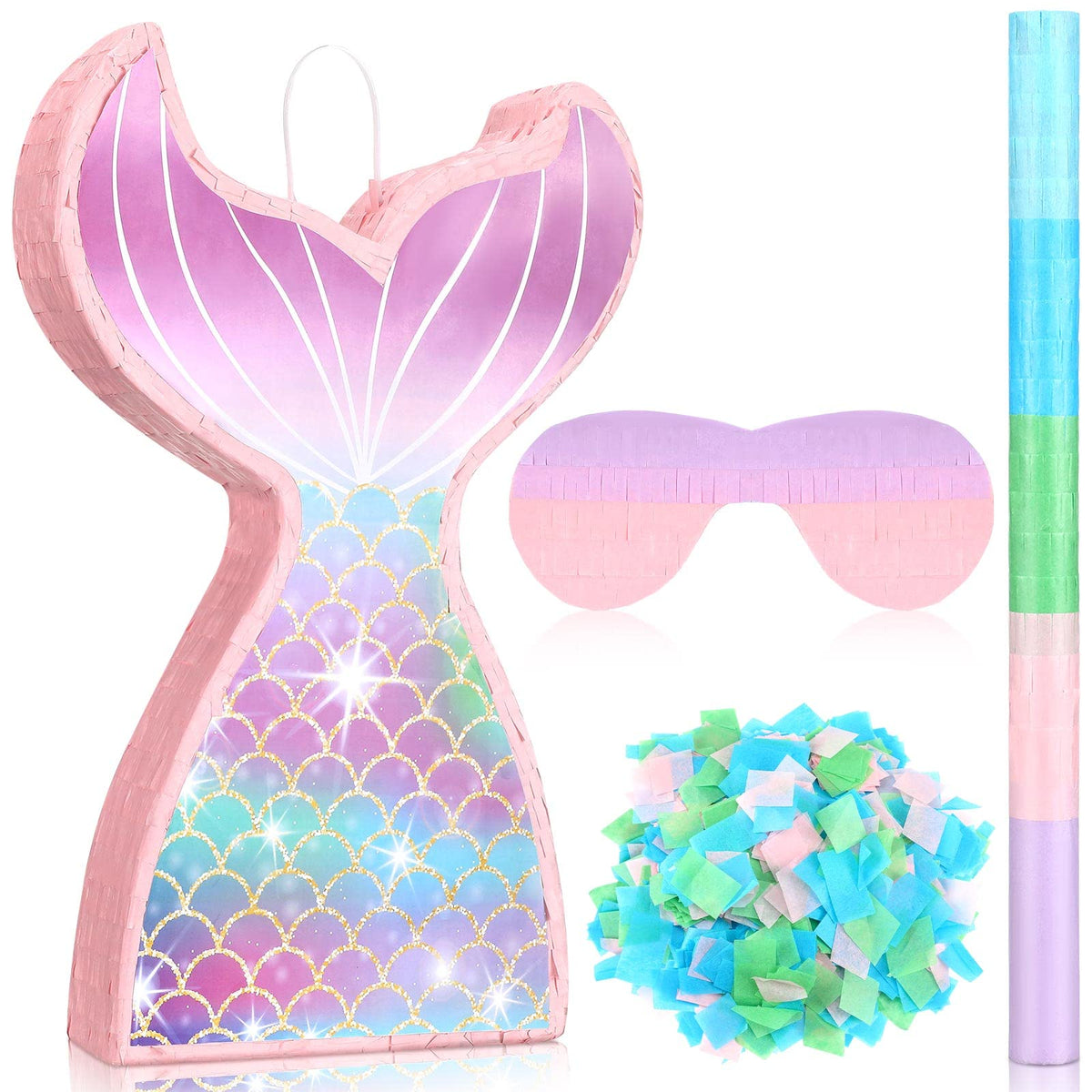 Small Pinata Bundle with Stick Blindfold, Bat, Confetti Plain Pinata Party Decorations Favors for Kids Girls Sports Themed Party Supplies, 11.8''x11.8''x2.76''?Mermaid?