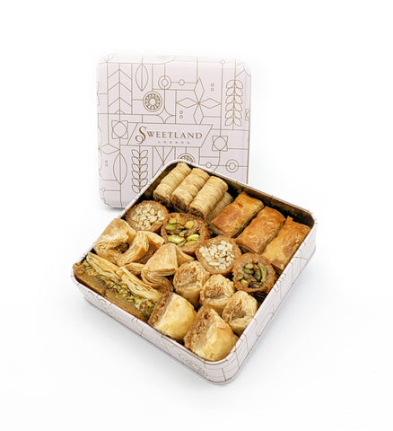 Sweet Land Regular Baklava Selection - 500g Pack | Handmade Traditional Lebanese Baklava | Ramadan, Mother's Day, Easter, & Eid | Selection Tray with Pistachio, Almond & Cashew Nuts | Tin Gift Box