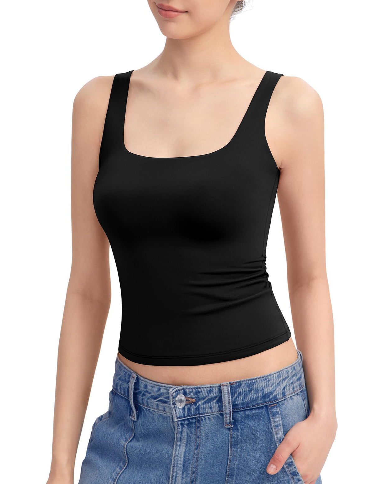 PUMIEY Tank Top for Women Sleeveless Double Lined Basic Summer Tops, Jet Black Medium