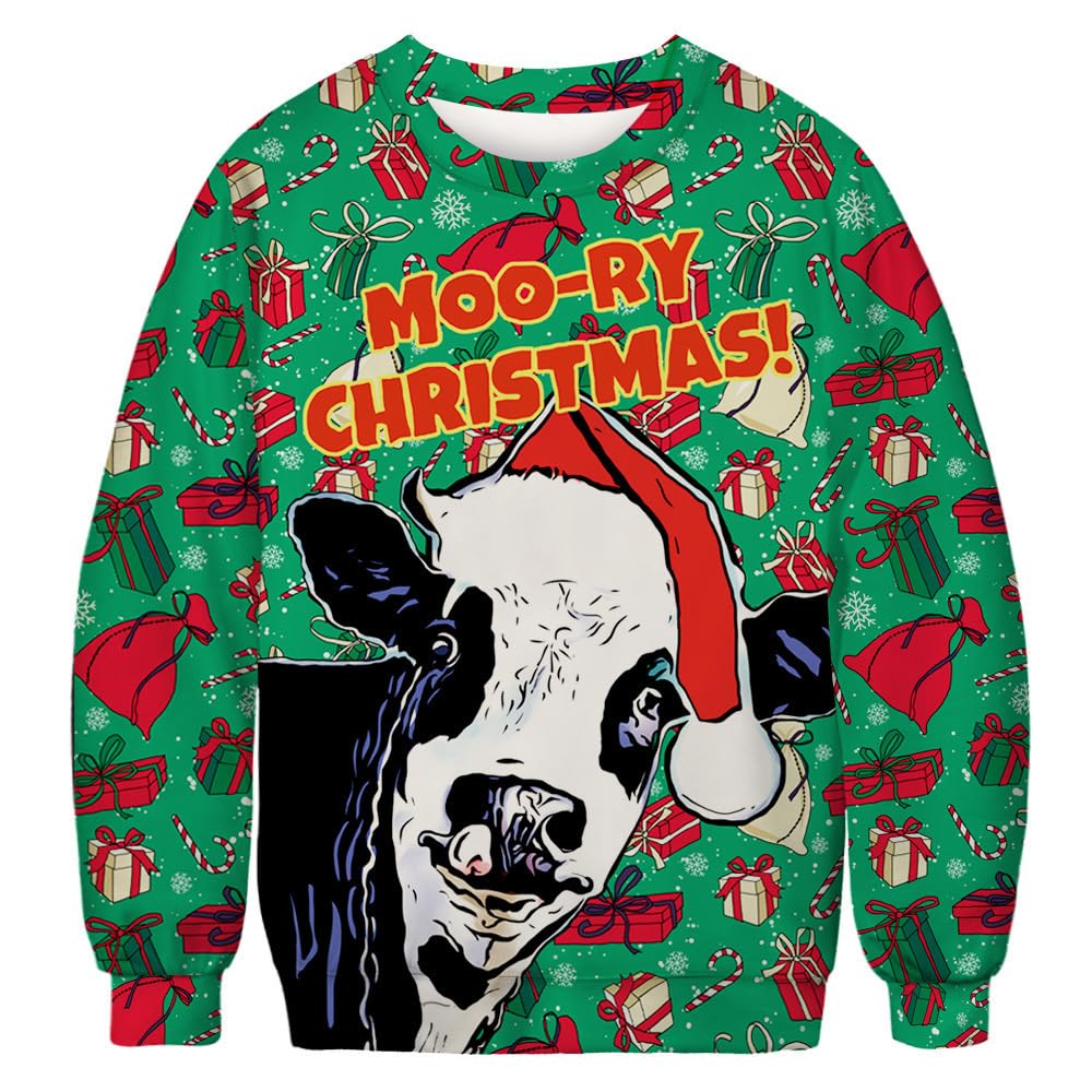 PERSOVERSIA Unisex Ugly Christmas Sweatshirt Novelty 3D Graphic Crewneck Pullover Long Sleeve Xmas Party Shirt, Moo-ry Christmas, XXL