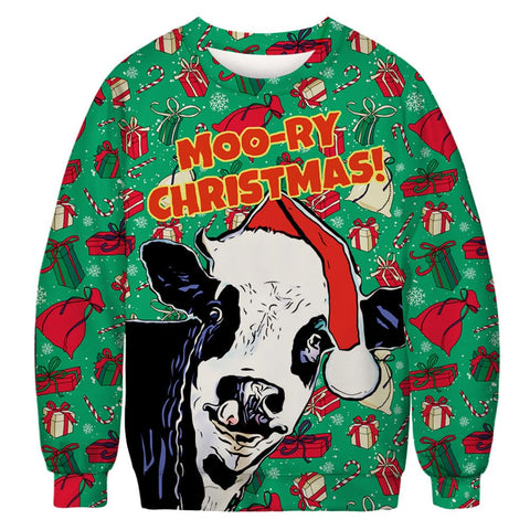 PERSOVERSIA Unisex Ugly Christmas Sweatshirt Novelty 3D Graphic Crewneck Pullover Long Sleeve Xmas Party Shirt, Moo-ry Christmas, XXL