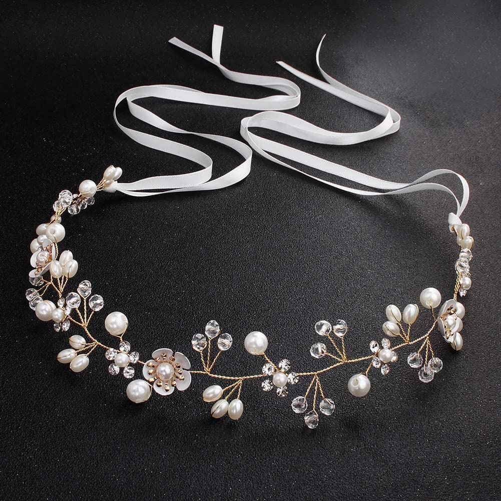 Uongeod Crystal Pearl Bridal Headband Bohemian Headpiece Leaf Hair Vine Flower Wedding Hair Accessories (Gold)