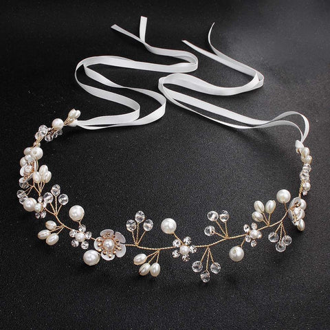Uongeod Crystal Pearl Bridal Headband Bohemian Headpiece Leaf Hair Vine Flower Wedding Hair Accessories (Gold)
