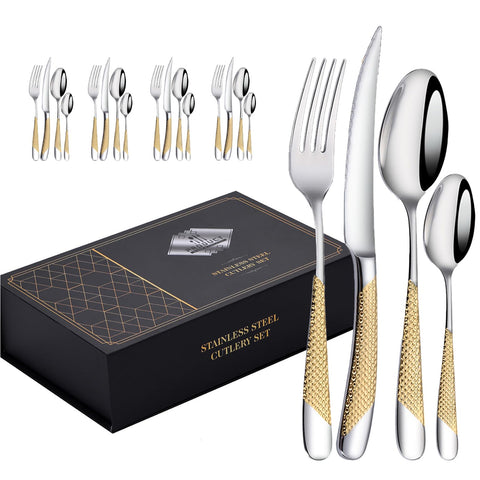 Cutlery Set of 4, Stainless Steel 18/10 Mirror Polished Flatware, Include Knife Fork Spoon Dinnerware, Tableware for Home, Hotel, Restaurant, New House (Gold,20pcs)