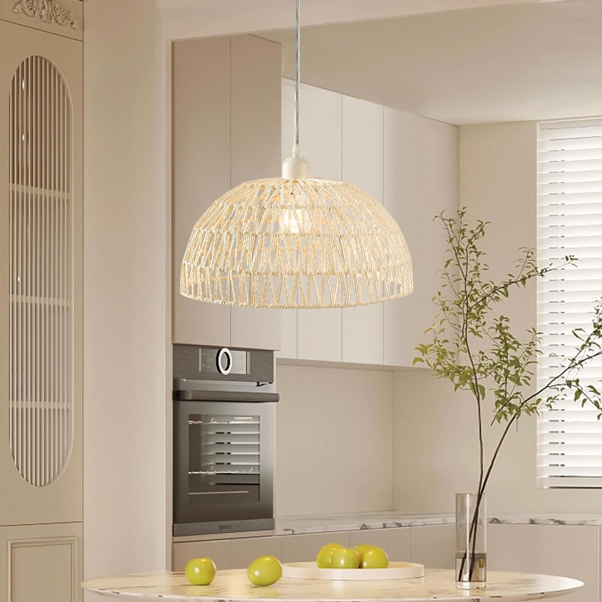 KRIPINC Rattan Pendant Light, E27 Rattan Lamp, Rattan Lampshade, Wicker Lampshade, Handmade Boho Lampshade, Creative Woven Hanging Lights for Kitchen, Restaurant, Hallway, Staircase (Ø30cm, White)