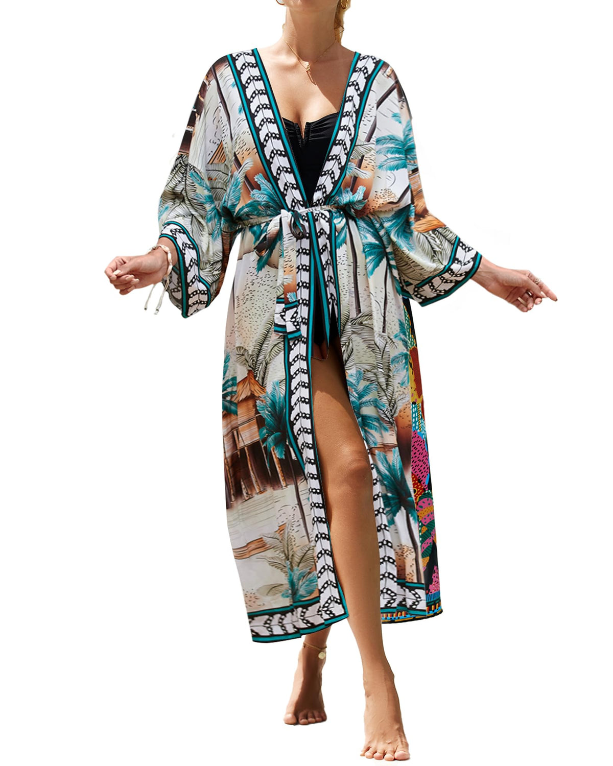 Bsubseach Kimono Swimsuit Cover Ups for Women Robe Pool Cover Up Long Beach Dress Colorful Cardigan for Swimwear Trees