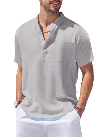 COOFANDY Men's Cotton Linen Henley Shirt Short Sleeve Hippie Casual Beach T-Shirts with Pocket Grey