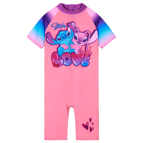 Disney One Piece Swimsuit, Full Kids Swimsuit - Kids Gifts (Pink Stitch/Angel, 3-4 Years)