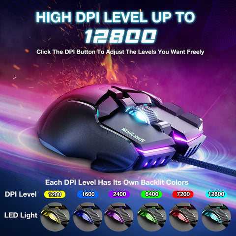 WolfLawS Wired Gaming Mouse, Computer PC Gaming USB Mice with 12 RGB Backlit Modes, High-Precision Adjustable 12800 DPI, 10 Programmable Buttons, Ergonomic Plug Play Gamer Mouse for Laptop Mac
