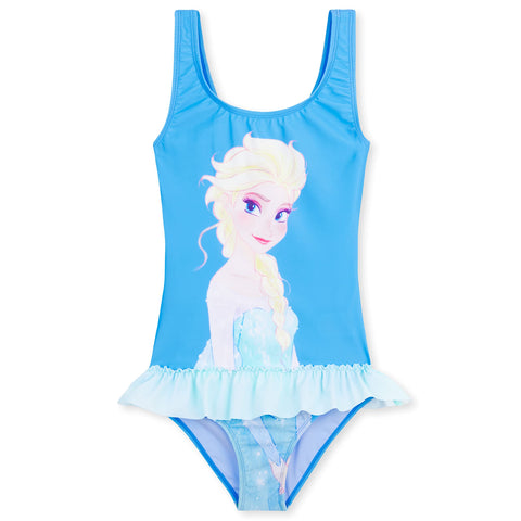 Disney Girls One Piece Swimsuit Comfortable Stretchy Swimsuit - Girls Gifts (Blue Elsa, 4-5 Years)