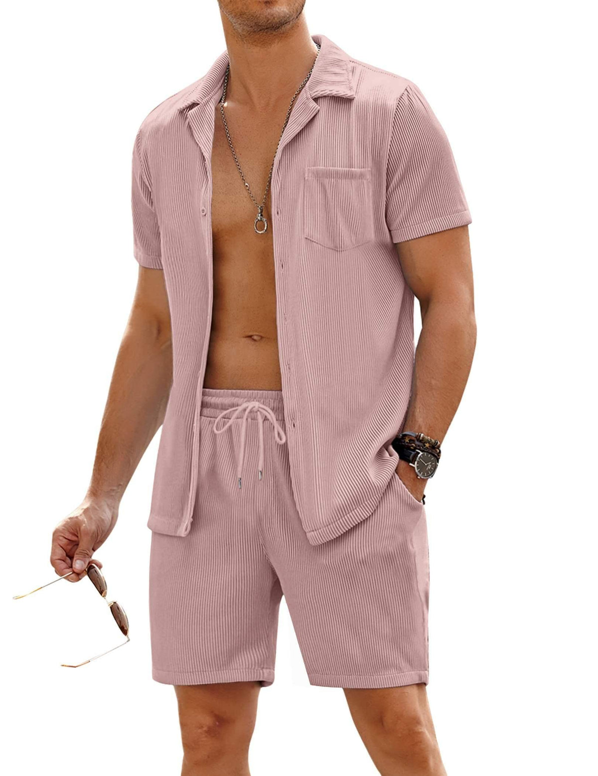 COOFANDY Men's 2 Pieces Shirt Sets Short Sleeve Casual Button Down Hippie T-Shirts Shorts Sets Summer Fashion Beach Outfits