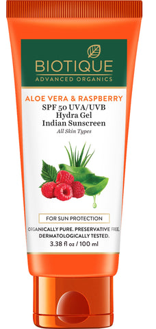 Biotique Aloe Vera & Raspberry SPF 50 Non- Sticky Hydra Gel Sunscreen for Indian Skin |Protects from UVA & UVB Rays |For Men & Women - 100g