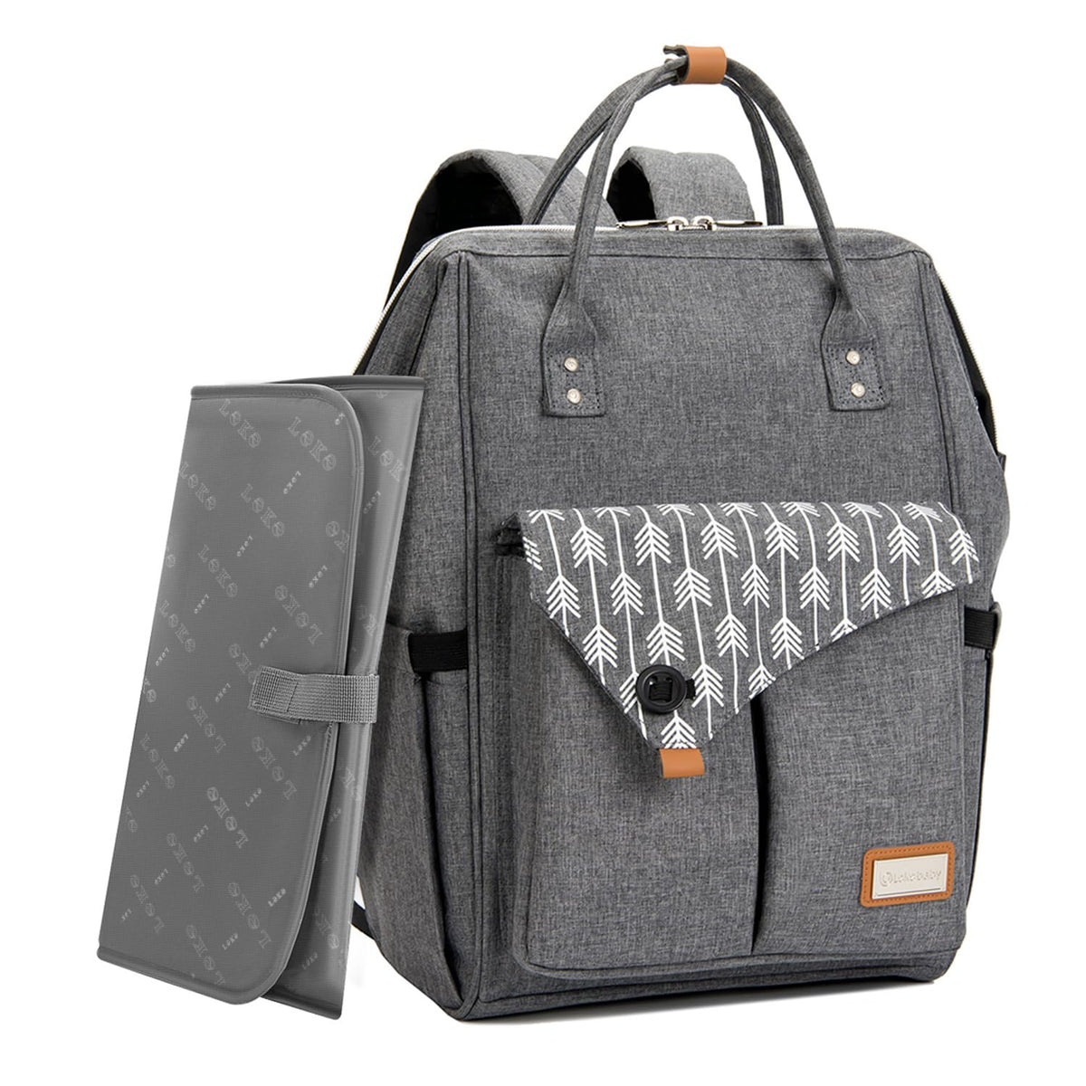 Lekebaby Nappy Changing Bag Backpack with Changing Mat, Arrow Print, Grey
