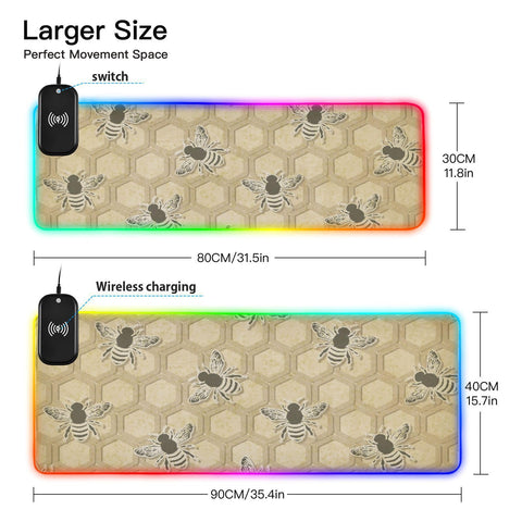 Bee Honeycomb Wireless Charging Mouse Pad for Mobile Phone Extra Large Gaming Mousepad with 13 Lighting Modes Computer Mat for Office Home Gaming MacBook PC Laptop Desk