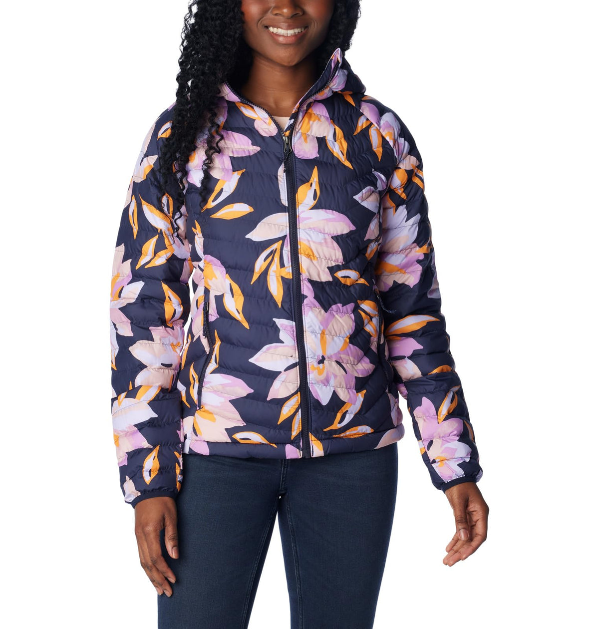 Columbia Women's Powder Lite Hooded Jacket, Dark Nocturnal Poinsettia Print, Large