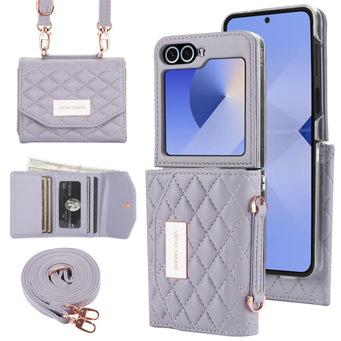 XIMAND for Samsung Galaxy Z Flip 6 Wallet Case with Built-in Leather Cash Slot and Credit Card Holder, Adjustable Crossbody Strap, Hinge Protection for Women Ladies.(Purple)