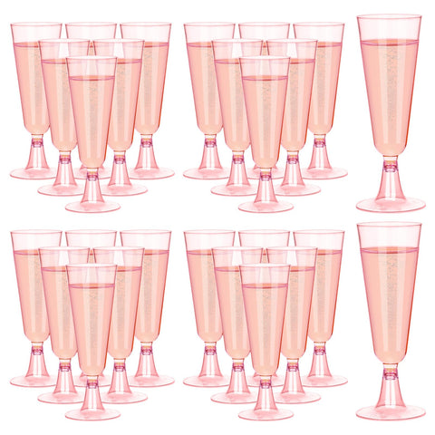 mwellewm 50 Pcs Plastic Champagne Flutes, Disposable Clear Champagne Glasses 5oz Plastic Wine Glasses, Assemble Plastic Champagne Cups for Party Wedding Cocktail Cups (Clear Pink)