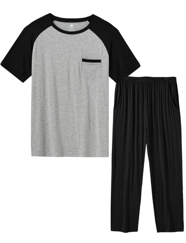 MoFiz Men's Pajamas Set Short Sleeve T-shirts Modal Bottom PJS Pants Bedroom Pijama Sleep Night Suit 2 Piece Pjs Set Ultra Soft (B-Black Set XL)