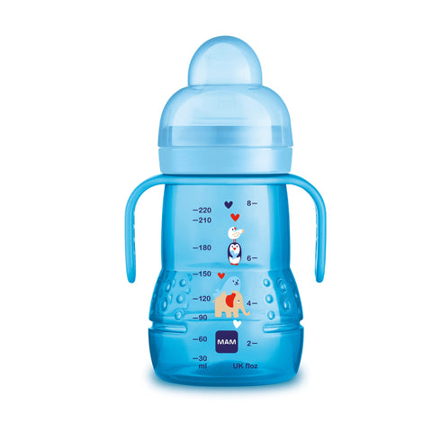 MAM Trainer+ (220 ml), Drinking Bottle for Transition to a Cup, with drip-Free Teat, spout and Handle, 4+ Months, Elephant, Blue