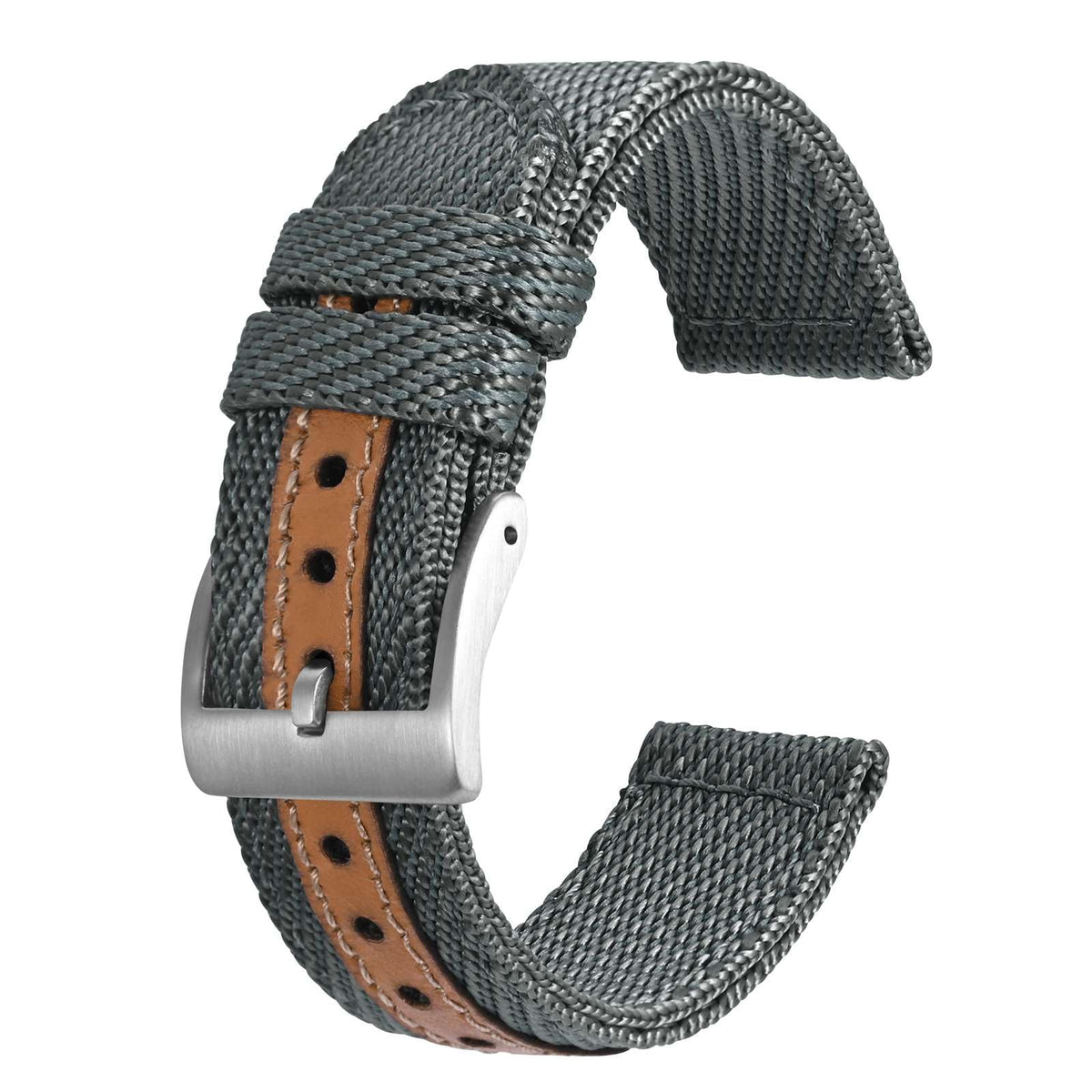 BISONSTRAP Sporty Nylon Watch Straps, Military Watch Bands for Men 22mm, Grey with Silver Buckle