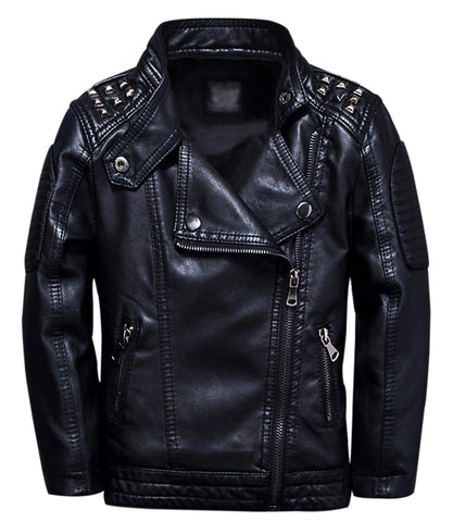 TLAENSON Boys Black Leather Jacket Studded Motorcycle Faux Leather Coat 9-10 Years Size 140