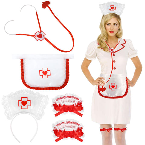 XEPST Nurse Costume Set for Women - 5PCS Nurse Costume Accessories Set with Nurse Hat Headband Stethoscope Nurse Apron Lace Garters Halloween Nurse Costume for Women Cosplay Carnival Fancy Dress Up