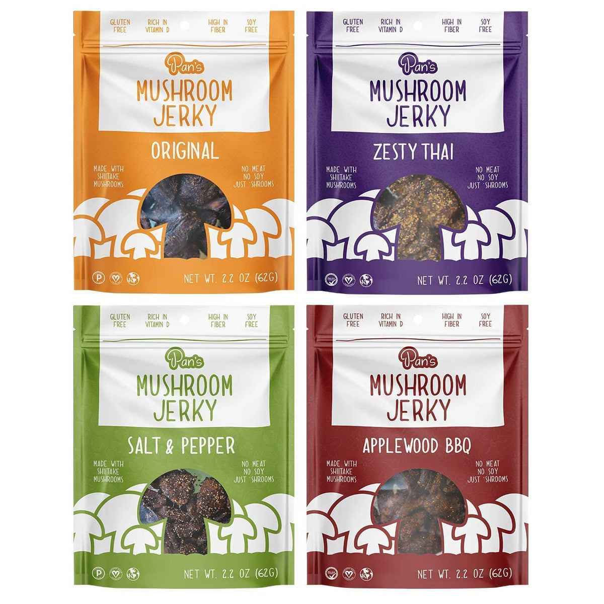 Pan's Mushroom Jerky, Organic, Vegan Snacks, Mushrooms Shitake, Meatless Jerky, Gluten Free, High in Fiber, Variety pack of Original, Zesty Thai, Salt & Pepper, BBQ (2.2 Ounce, Pack of 4)