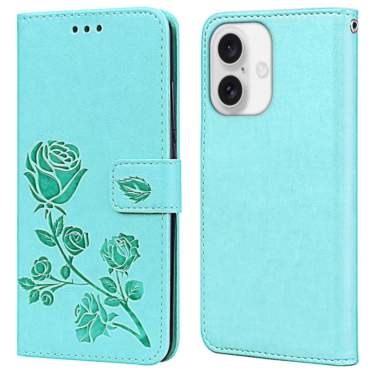 RankOne Leather Wallet Case for Smartphone, Compatible with iPhone 16 Plus (6.7" Inches), with Card Holder Rose Pattern Design Cover Folio Flip Case - Green