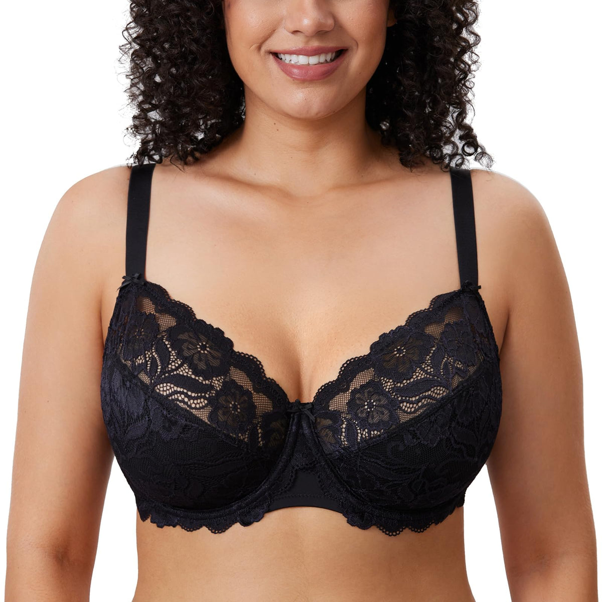 DELIMIRA Women's Plus Size Bras Full Coverage Lace Underwire Unlined Bra Up to J Black 34F