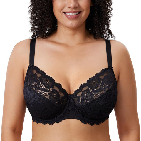 DELIMIRA Women's Plus Size Bras Full Coverage Lace Underwire Unlined Bra Up to J Black 34F
