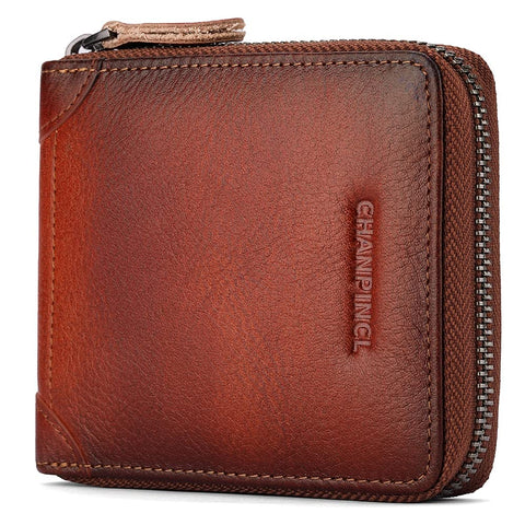 CHANPINCL Mens Genuine Leather Zipper Wallet RFID Secure Large Capacity Double Fold Multi-card Leather Wallets for Men and coin purse, Yellowish brown, One Size, Rfid Wallet