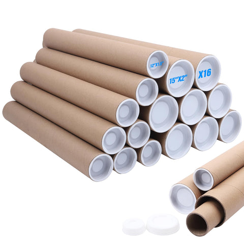 aromeili Mailing Tubes with Caps,16 Pack 2x15-Inch &1.5x12-Inch Kraft Paper Poster Tube for Shipping, Packing, Bulk Round Packaging, Cardboard Mailers, Art Prints, Maps, Blueprint