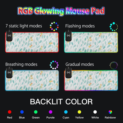 Beautiful Watercolor Leaves Wireless Charging Mouse Pad for Mobile Phone Extra Large Gaming Mousepad with 13 Lighting Modes Keyboard Mat for MacBook PC Laptop Desk Office Home Gaming