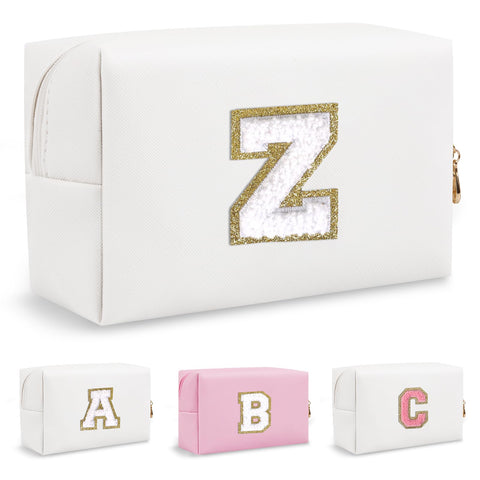 Biileen Personalized Initial Preppy Makeup Bag Small Cute Travel Chenille Letter Pouch, White-2, Z